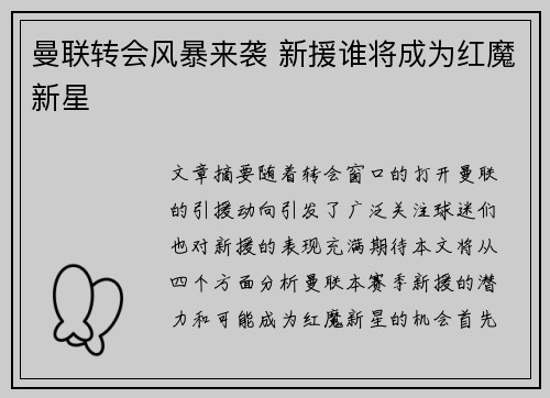 曼联转会风暴来袭 新援谁将成为红魔新星