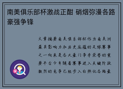 南美俱乐部杯激战正酣 硝烟弥漫各路豪强争锋